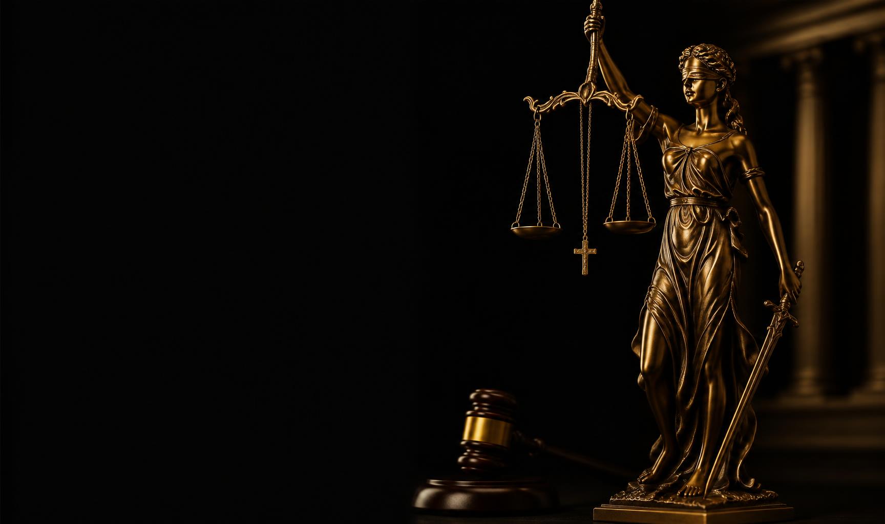 Dama da Justiça dourada com balança e crucifixo